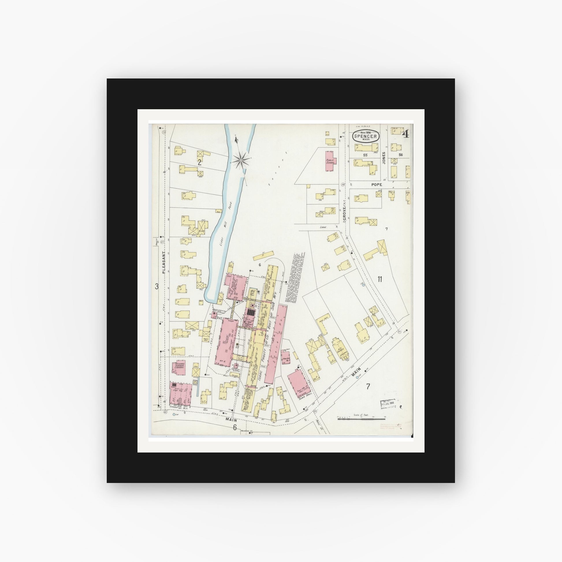 Old map wall art mockup — black gallery frame with white mat — Sanborn Fire Insurance Map from Spencer, Worcester County, Massachusetts (1896), Sheet #0004