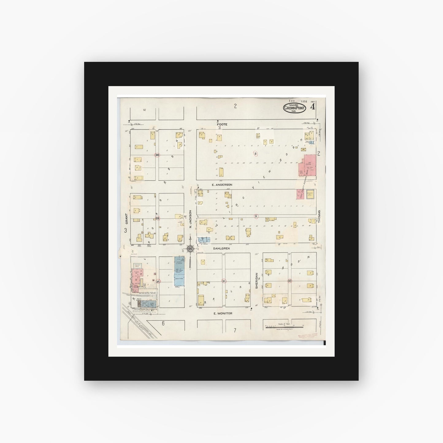 Old map wall art mockup — black gallery frame with white mat — Sanborn Fire Insurance Map from Crown Point, Lake County, Indiana (1948), Sheet #0004