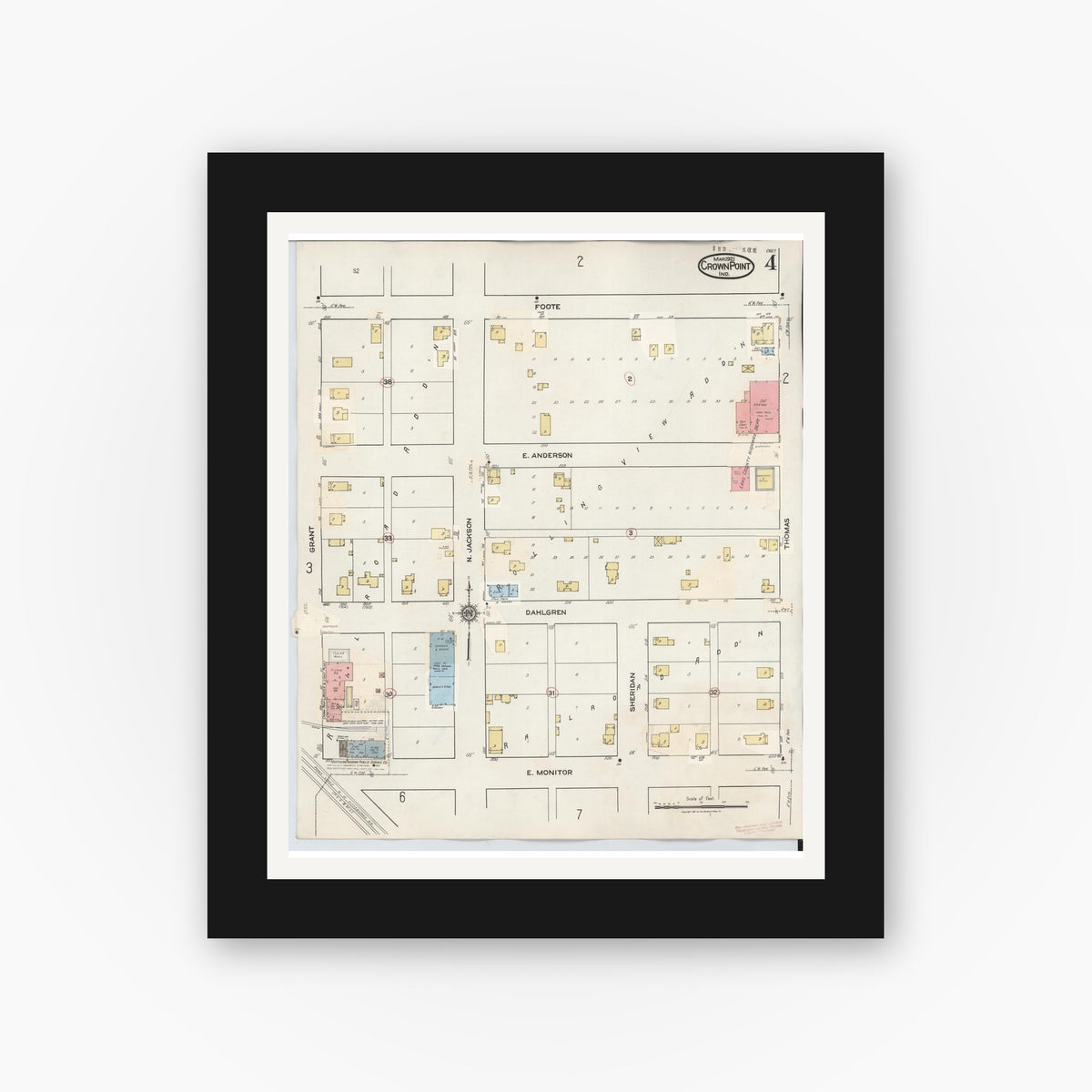 Old map wall art mockup — black gallery frame with white mat — Sanborn Fire Insurance Map from Crown Point, Lake County, Indiana (1948), Sheet #0004