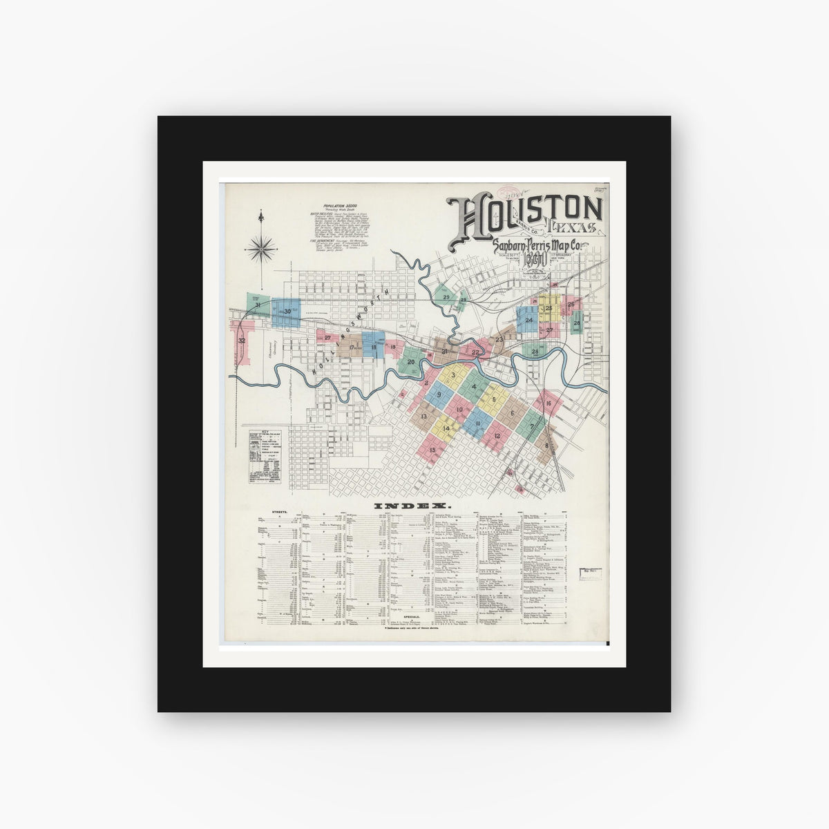 Old map wall art mockup — black gallery frame with white mat — Sanborn Fire Insurance Map from Houston, Harris County, Texas (1890), Sheet #0001