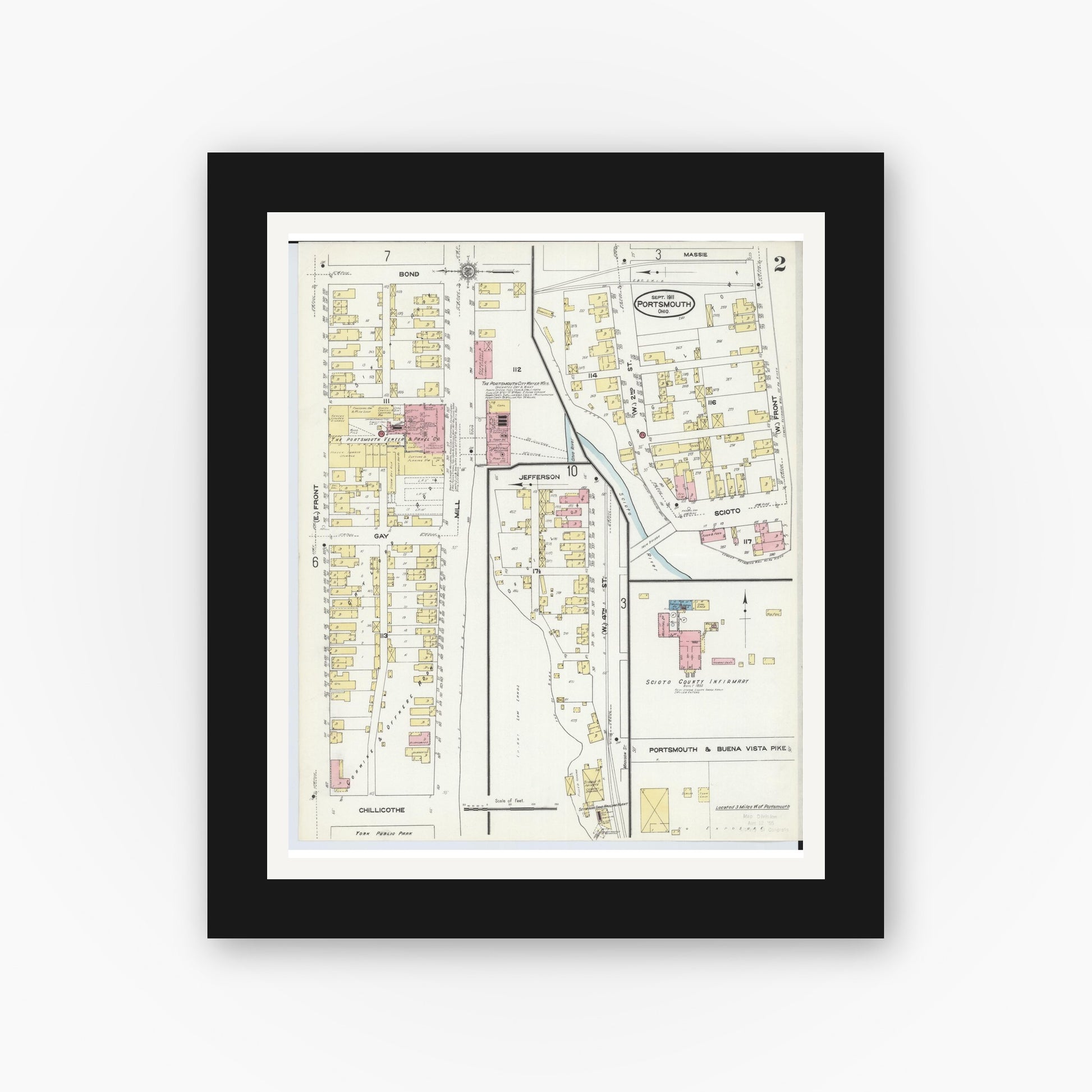 Old map wall art mockup — black gallery frame with white mat — Sanborn Fire Insurance Map from Portsmouth, Scioto County, Ohio (1911), Sheet #0002