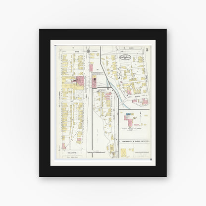 Old map wall art mockup — black gallery frame with white mat — Sanborn Fire Insurance Map from Portsmouth, Scioto County, Ohio (1911), Sheet #0002