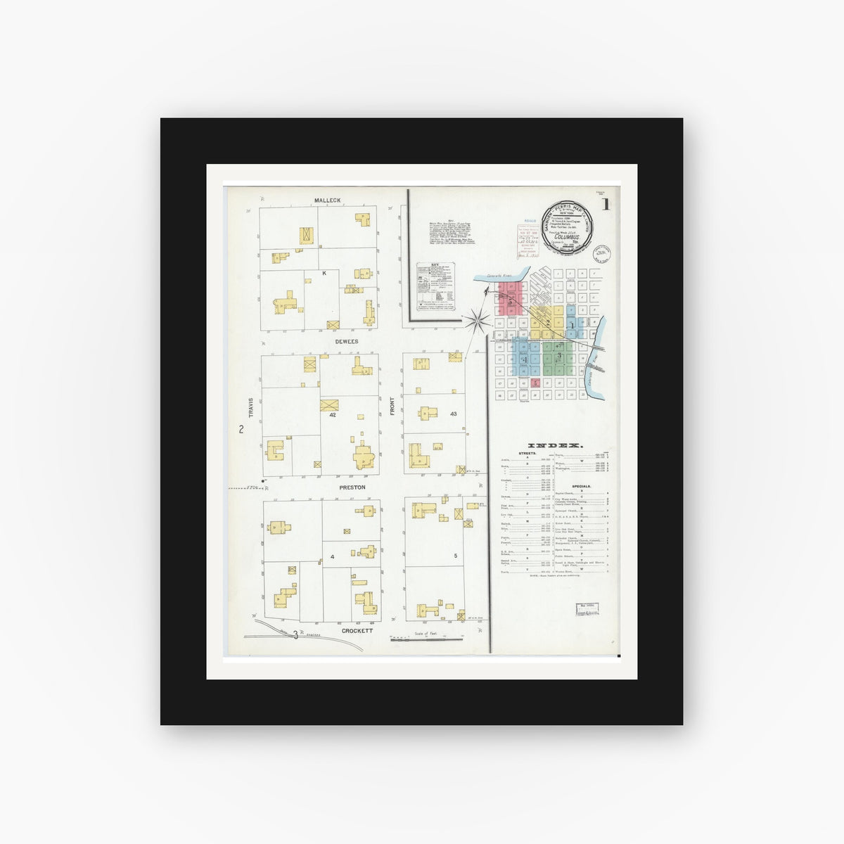 Old map wall art mockup — black gallery frame with white mat — Sanborn Fire Insurance Map from Columbus, Colorado County, Texas (1900), Sheet #0001