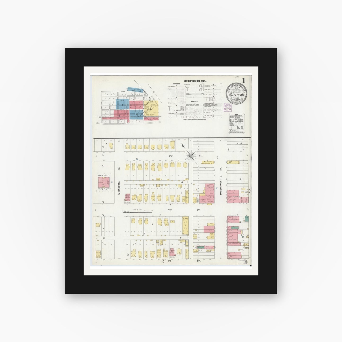 Old map wall art mockup — black gallery frame with white mat — Sanborn Fire Insurance Map from Matthews, Grant County, Indiana (1904) - Complete Map Set