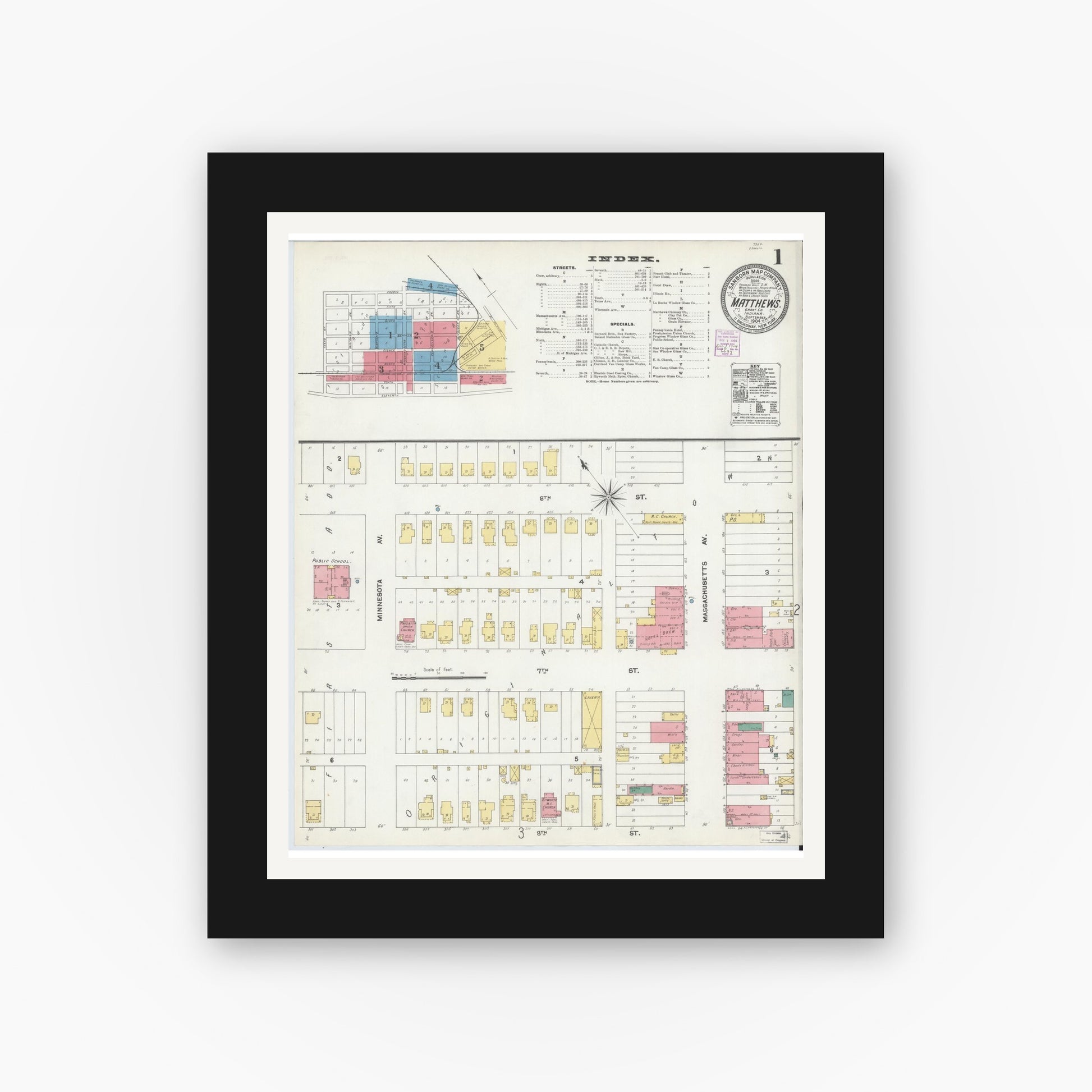 Old map wall art mockup — black gallery frame with white mat — Sanborn Fire Insurance Map from Matthews, Grant County, Indiana (1904) - Complete Map Set