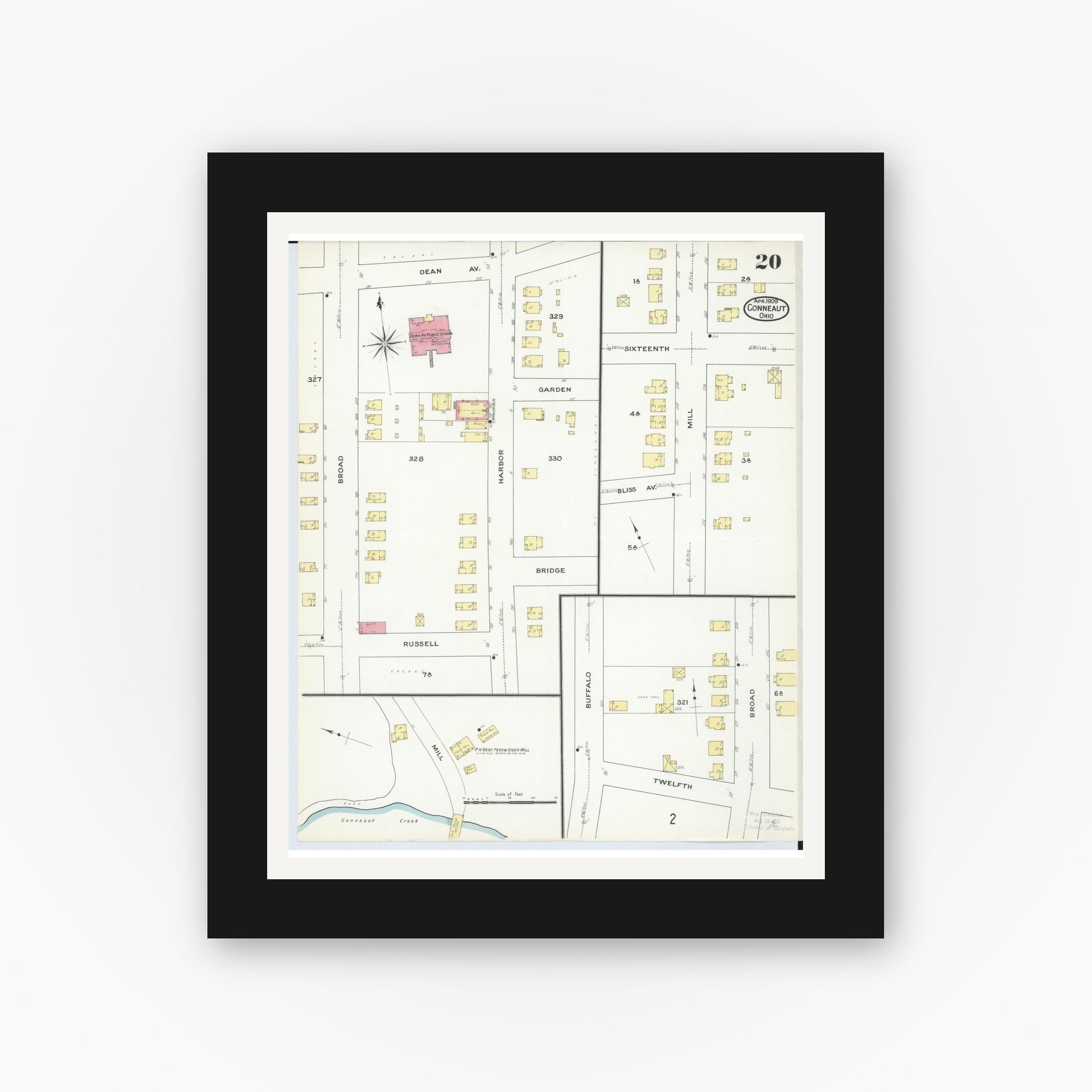 Old map wall art mockup — black gallery frame with white mat — Sanborn Fire Insurance Map from Conneaut, Ashtabula County, Ohio (1909), Sheet #0020