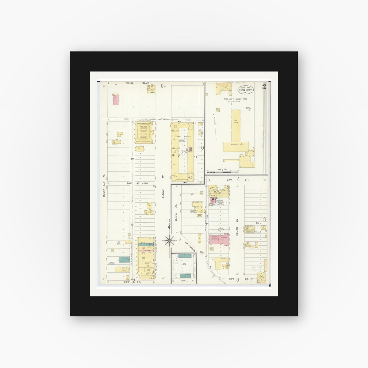 Old map wall art mockup — black gallery frame with white mat — Sanborn Fire Insurance Map from Zion, Lake County, Illinois (1907), Sheet #0002