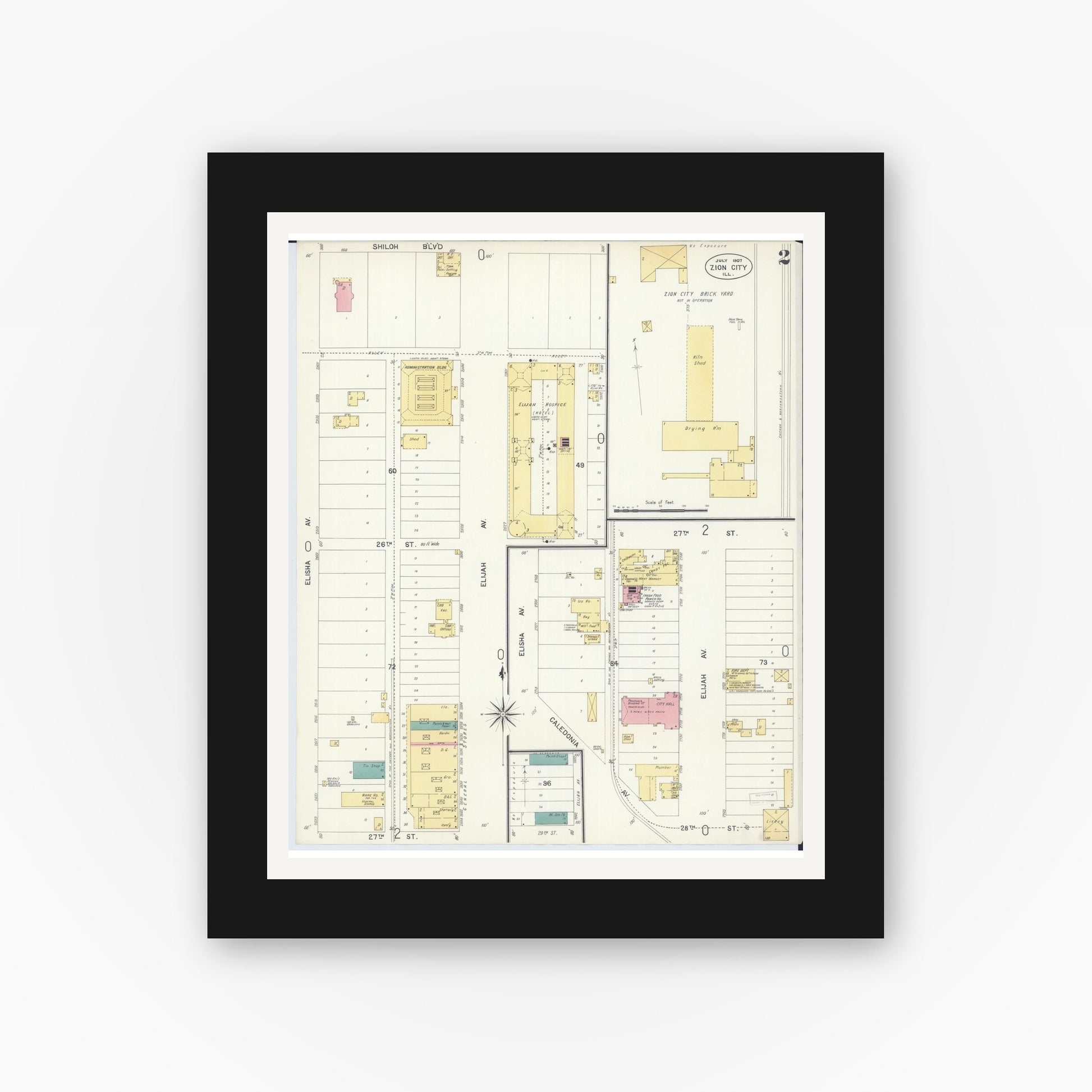 Old map wall art mockup — black gallery frame with white mat — Sanborn Fire Insurance Map from Zion, Lake County, Illinois (1907), Sheet #0002
