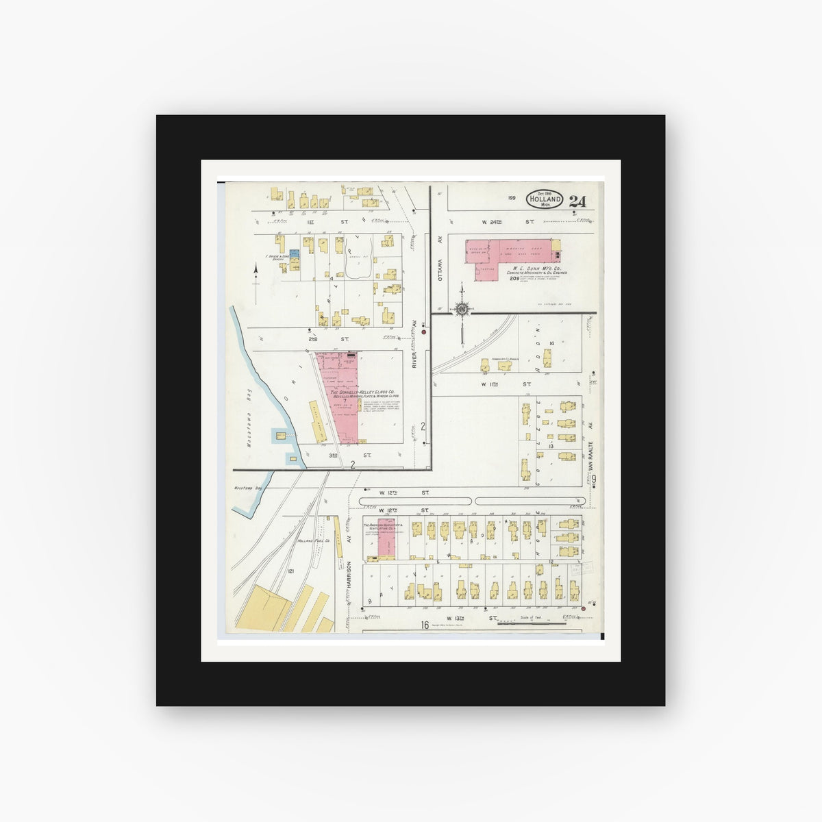 Old map wall art mockup — black gallery frame with white mat — Sanborn Fire Insurance Map from Holland, Ottawa County, Michigan (1916), Sheet #0024
