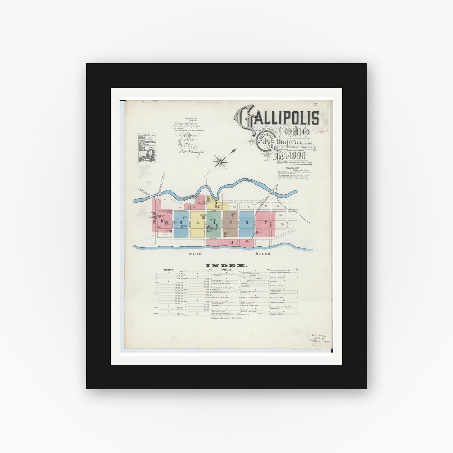 Old map wall art mockup — black gallery frame with white mat — Sanborn Fire Insurance Map from Gallipolis, Gallia County, Ohio (1890), Sheet #0001