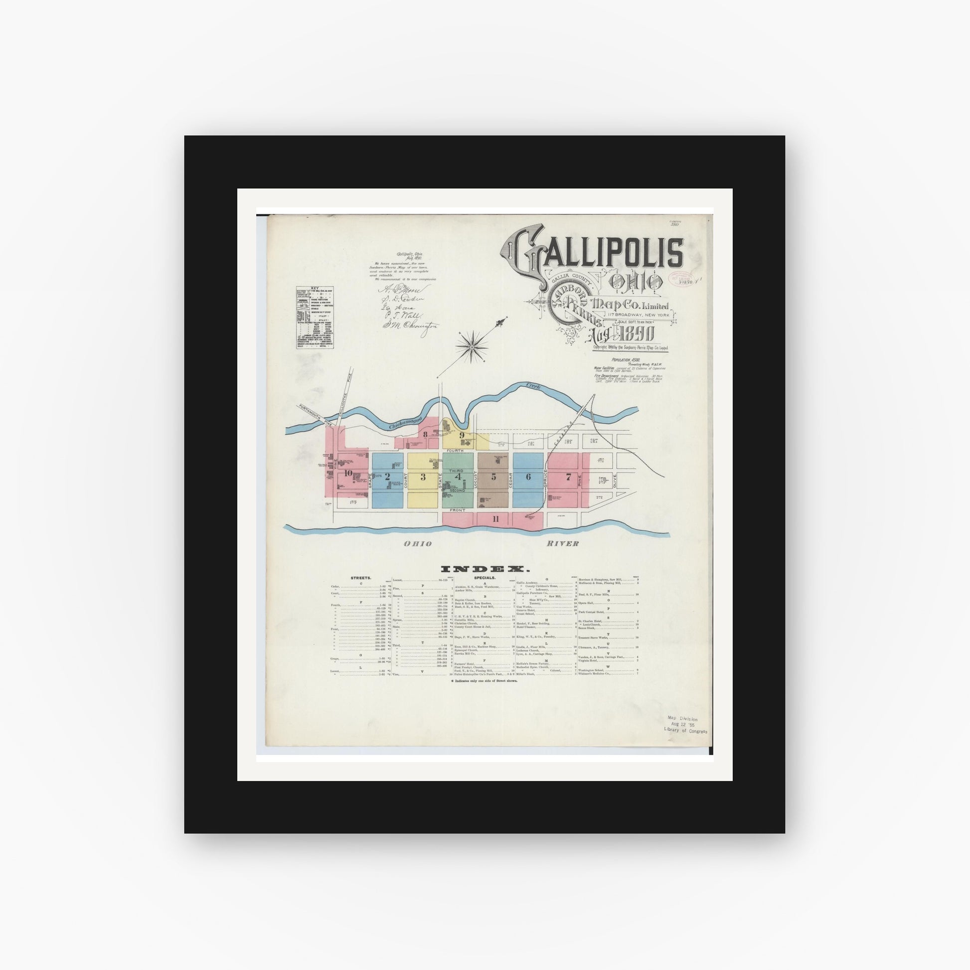 Old map wall art mockup — black gallery frame with white mat — Sanborn Fire Insurance Map from Gallipolis, Gallia County, Ohio (1890), Sheet #0001