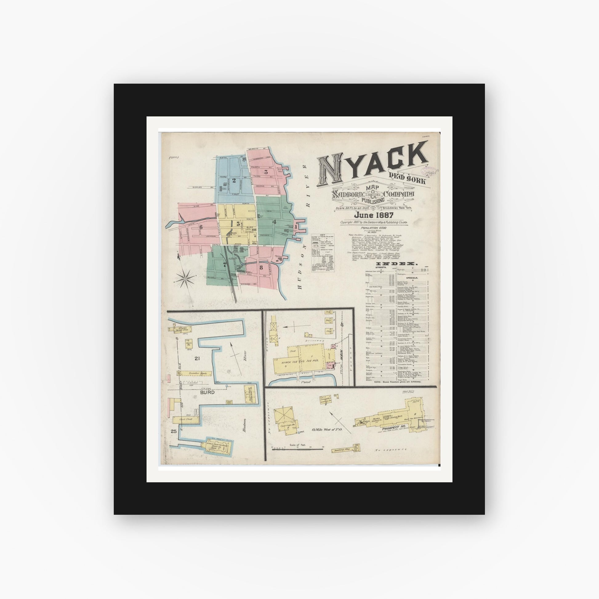 Old map wall art mockup — black gallery frame with white mat — Sanborn Fire Insurance Map from Nyack, Rockland County, New York. (1887), Sheet #0000