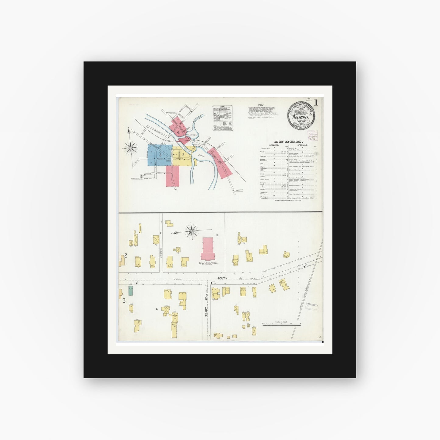 Old map wall art mockup — black gallery frame with white mat — Sanborn Fire Insurance Map from Belmont, Allegany County, New York (1904), Sheet #0001