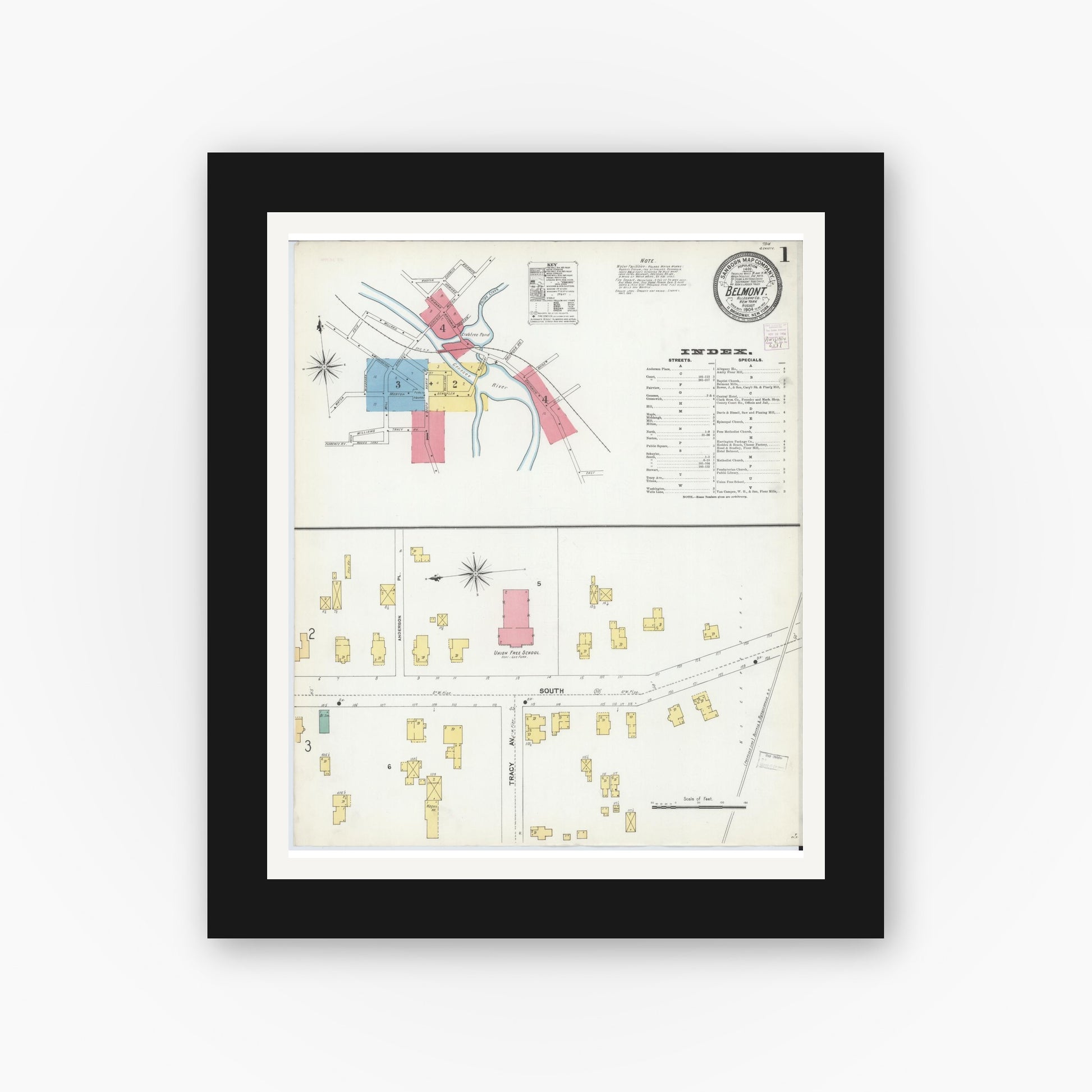 Old map wall art mockup — black gallery frame with white mat — Sanborn Fire Insurance Map from Belmont, Allegany County, New York (1904), Sheet #0001