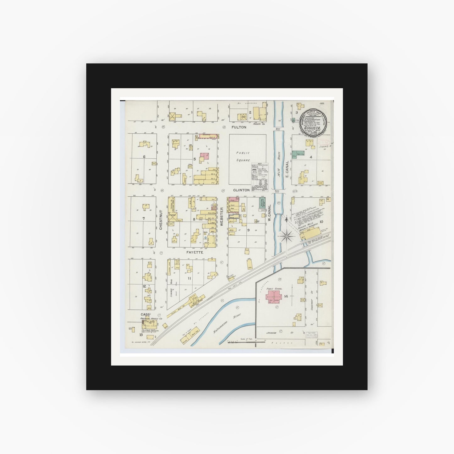 Old map wall art mockup — black gallery frame with white mat — Sanborn Fire Insurance Map from Augusta, Kalamazoo County, Michigan (1892), Sheet #0001