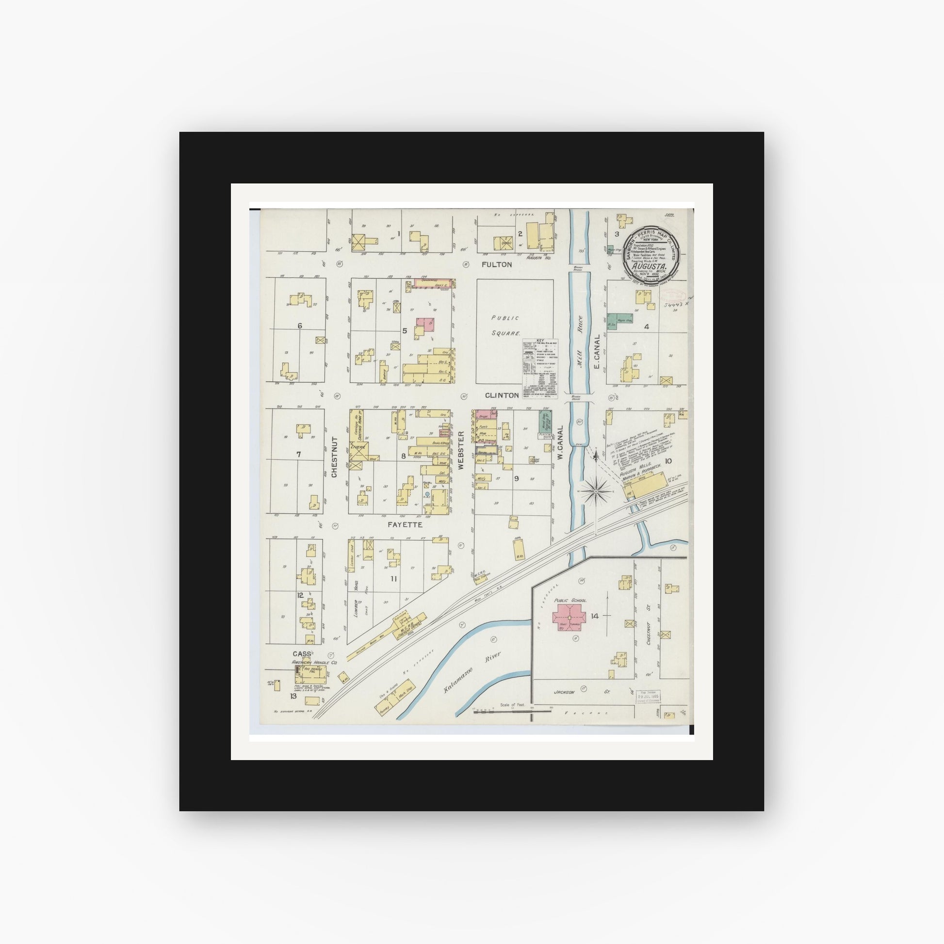 Old map wall art mockup — black gallery frame with white mat — Sanborn Fire Insurance Map from Augusta, Kalamazoo County, Michigan (1892), Sheet #0001