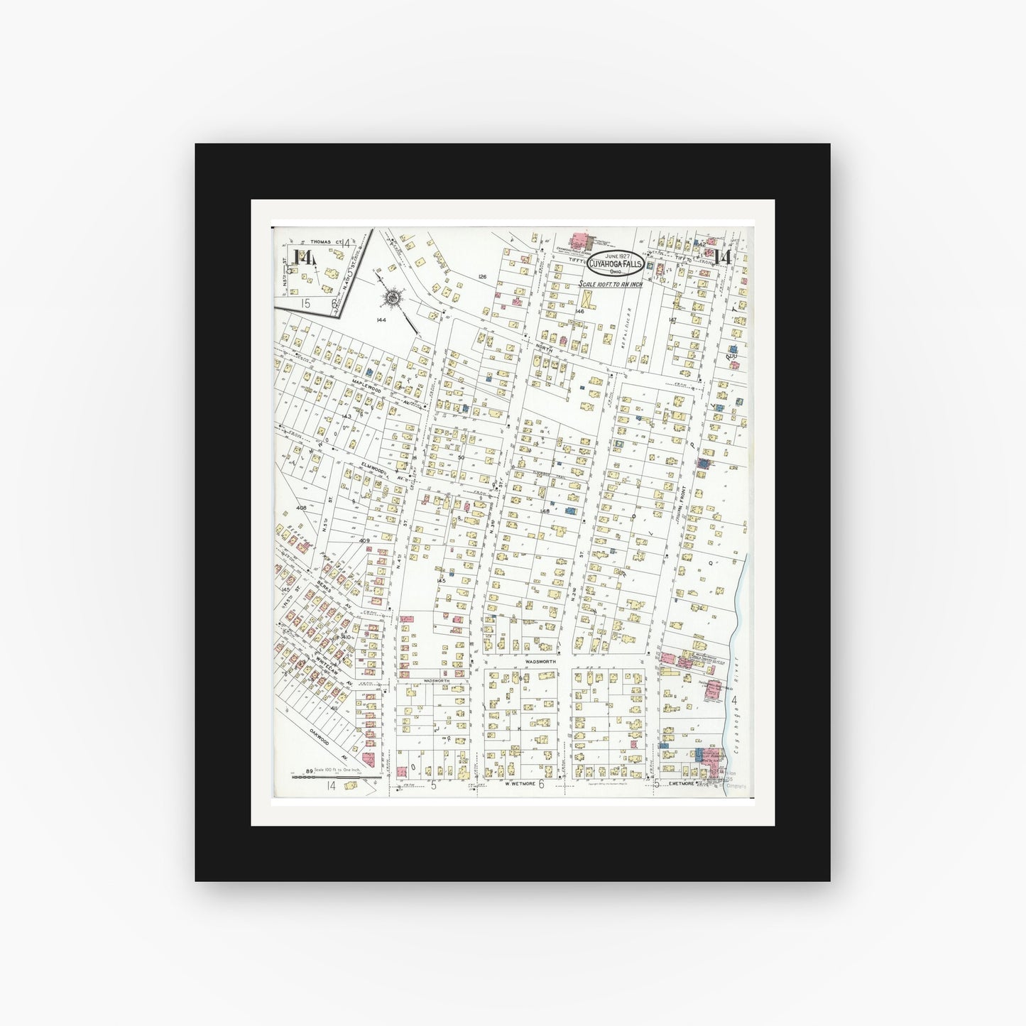 Old map wall art mockup — black gallery frame with white mat — Sanborn Fire Insurance Map from Cuyahoga Falls, Summit County, Ohio (1927), Sheet #0014