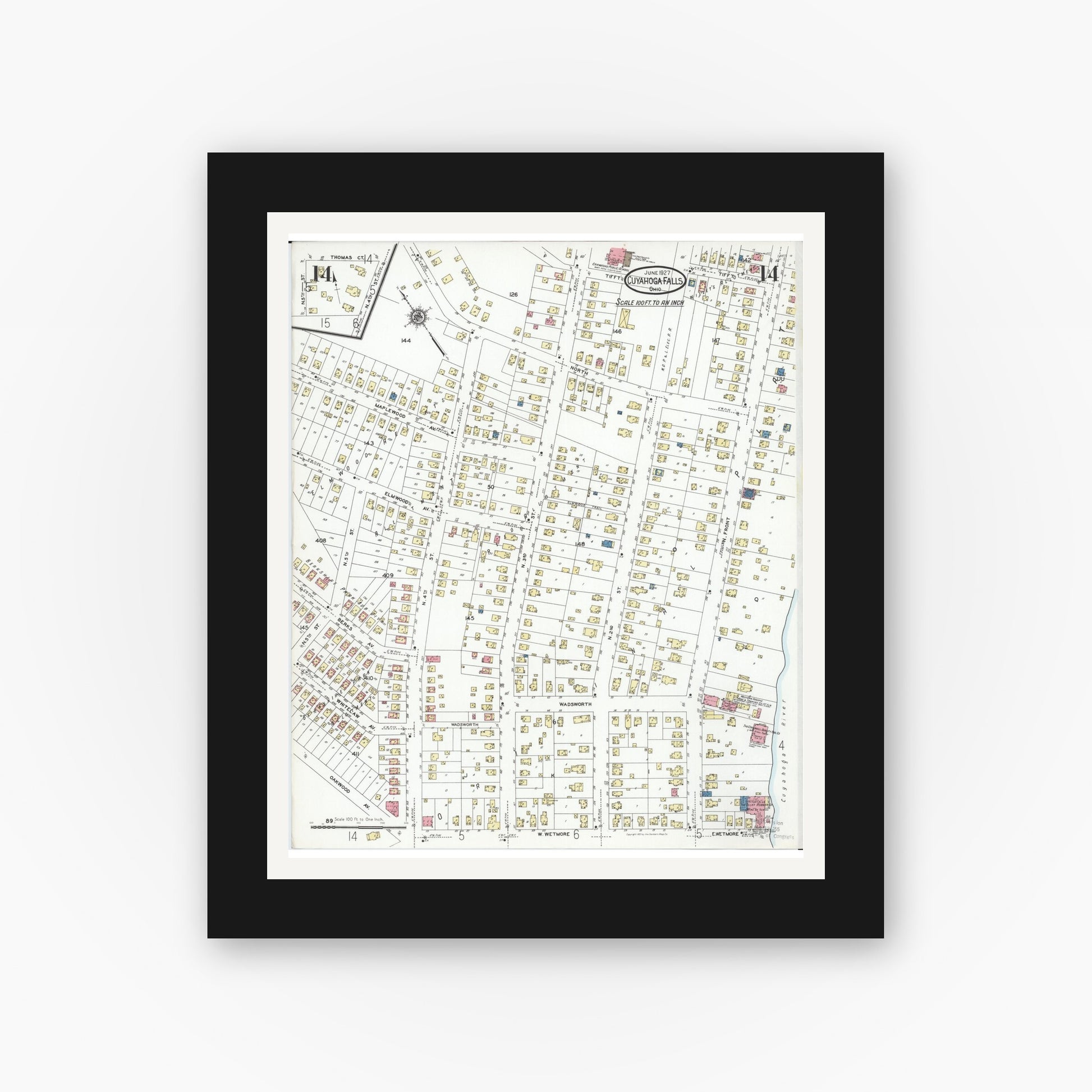Old map wall art mockup — black gallery frame with white mat — Sanborn Fire Insurance Map from Cuyahoga Falls, Summit County, Ohio (1927), Sheet #0014