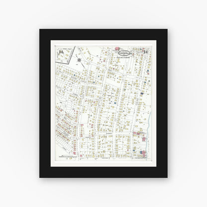 Old map wall art mockup — black gallery frame with white mat — Sanborn Fire Insurance Map from Cuyahoga Falls, Summit County, Ohio (1927), Sheet #0014
