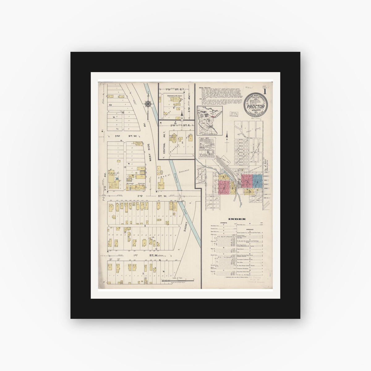 Old map wall art mockup — black gallery frame with white mat — Sanborn Fire Insurance Map from Proctor, Saint Louis County, Minnesota (1922) - Complete Map Set