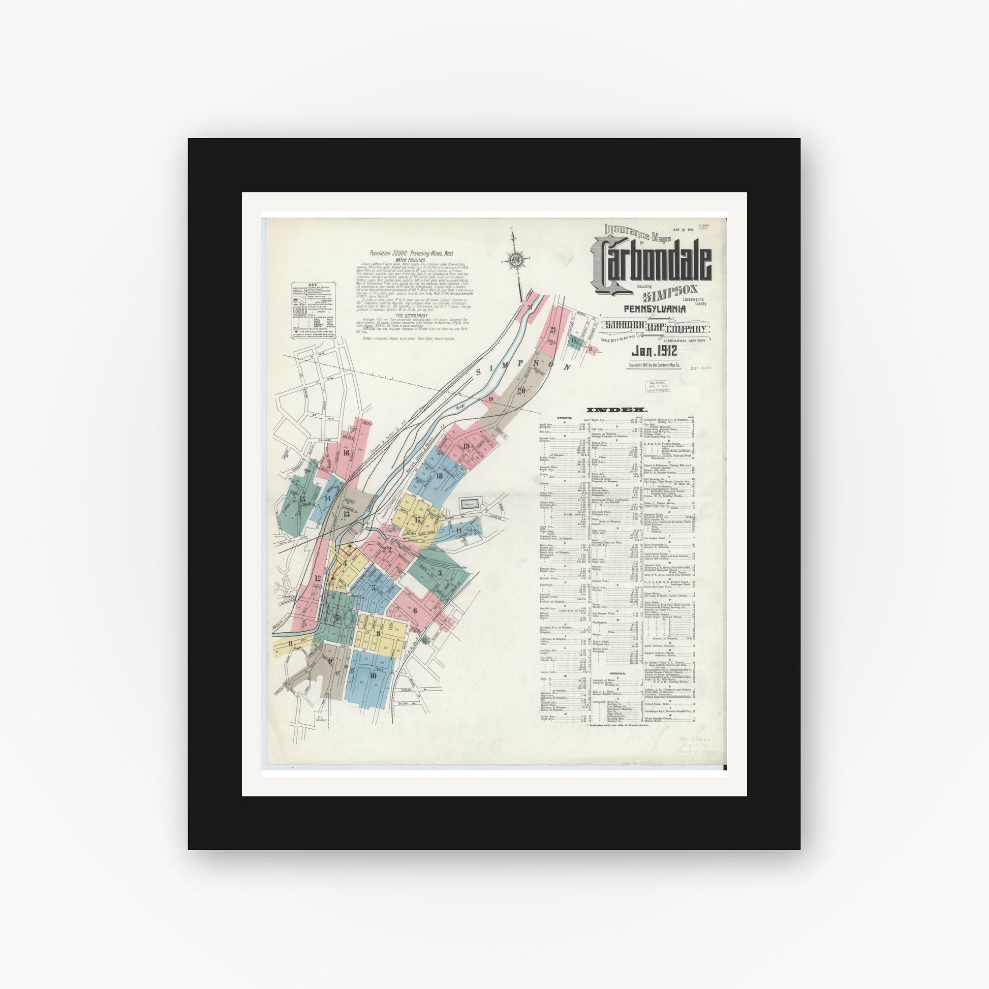 Old map wall art mockup — black gallery frame with white mat — Sanborn Fire Insurance Map from Carbondale, Lackawanna County, Pennsylvania (1912) - Complete Map Set