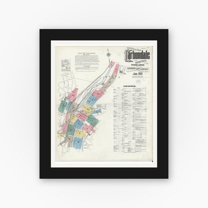 Old map wall art mockup — black gallery frame with white mat — Sanborn Fire Insurance Map from Carbondale, Lackawanna County, Pennsylvania (1912) - Complete Map Set