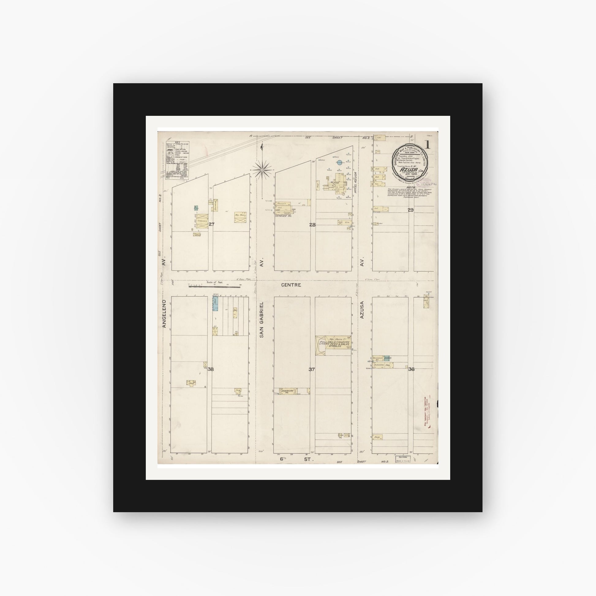 Old map wall art mockup — black gallery frame with white mat — Sanborn Fire Insurance Map from Azusa, Los Angeles County, California (1888), Sheet #0001
