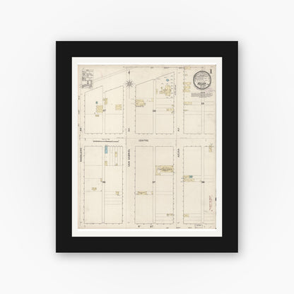 Old map wall art mockup — black gallery frame with white mat — Sanborn Fire Insurance Map from Azusa, Los Angeles County, California (1888), Sheet #0001