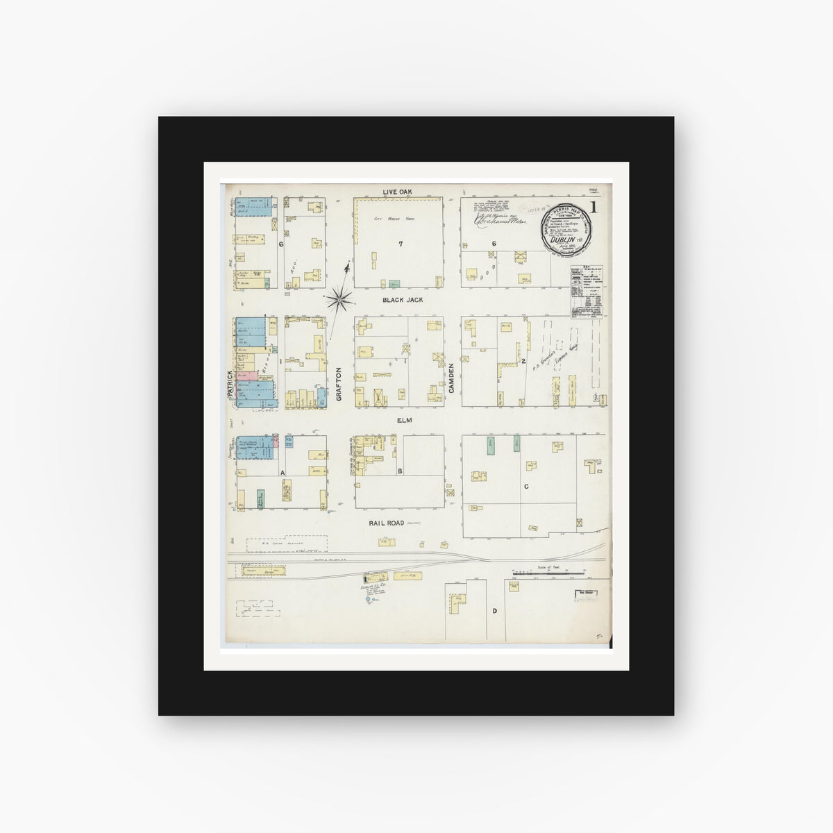 Old map wall art mockup — black gallery frame with white mat — Sanborn Fire Insurance Map from Dublin, Erath County, Texas (1891) - Complete Map Set