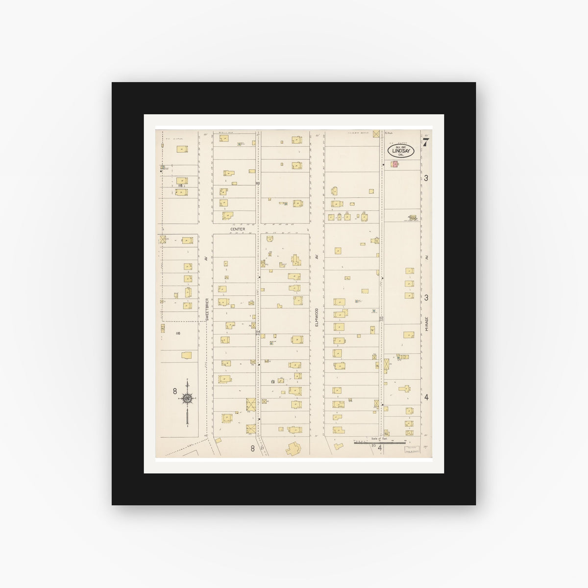 Old map wall art mockup — black gallery frame with white mat — Sanborn Fire Insurance Map from Lindsay, Tulare County, California (1912), Sheet #0007