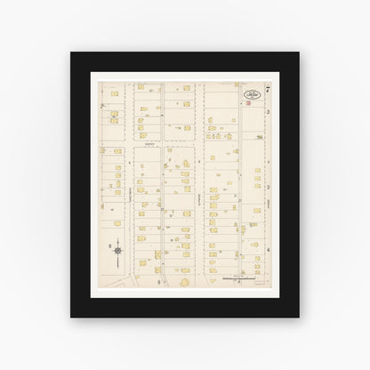 Old map wall art mockup — black gallery frame with white mat — Sanborn Fire Insurance Map from Lindsay, Tulare County, California (1912), Sheet #0007