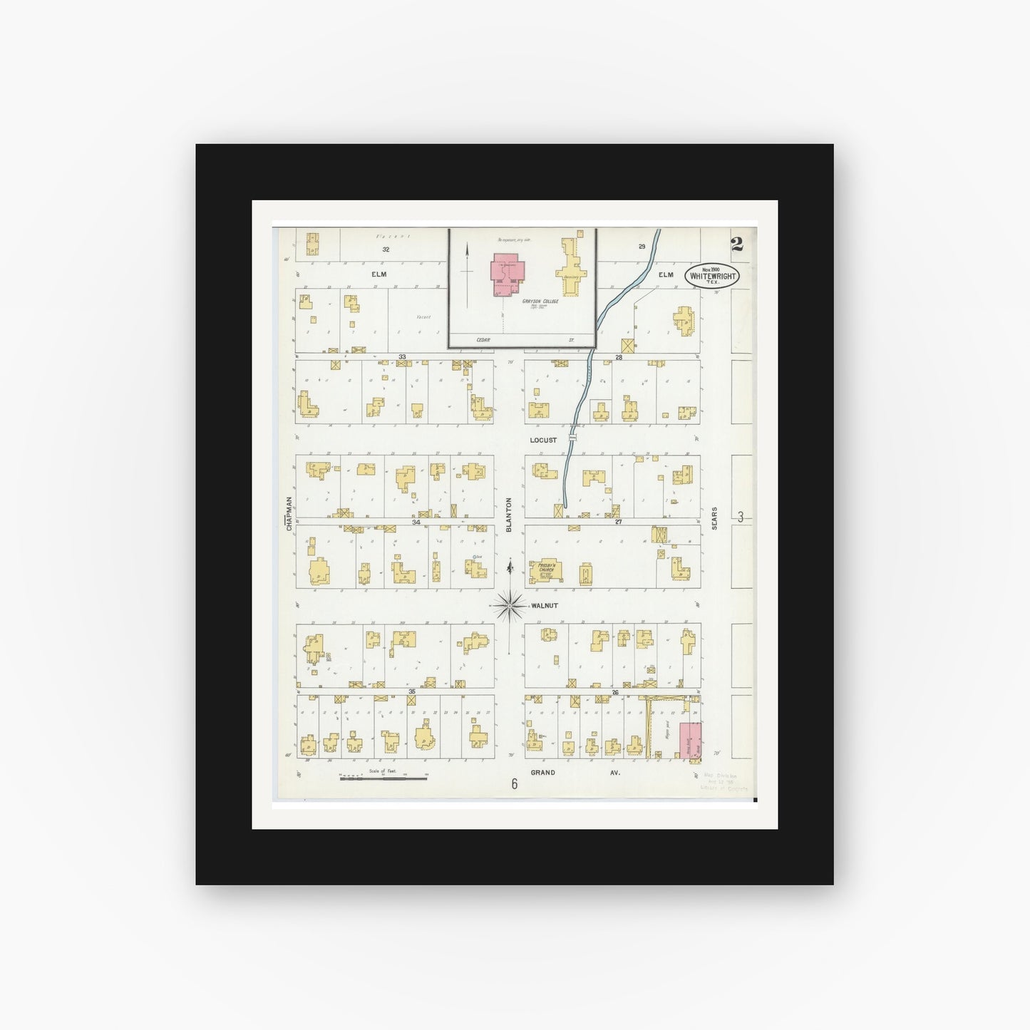 Old map wall art mockup — black gallery frame with white mat — Sanborn Fire Insurance Map from Whitewright, Grayson County, Texas (1900), Sheet #0002