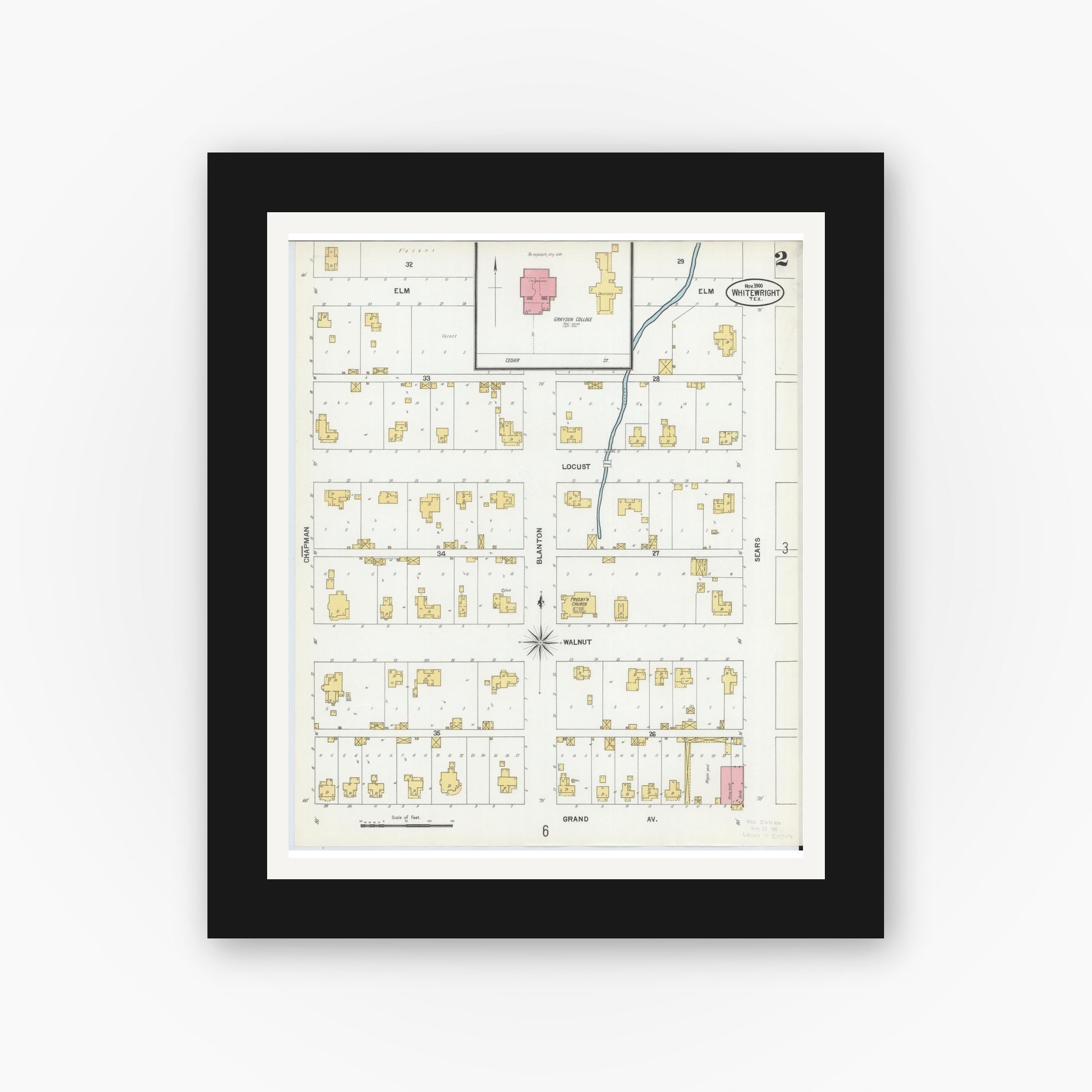 Old map wall art mockup — black gallery frame with white mat — Sanborn Fire Insurance Map from Whitewright, Grayson County, Texas (1900), Sheet #0002