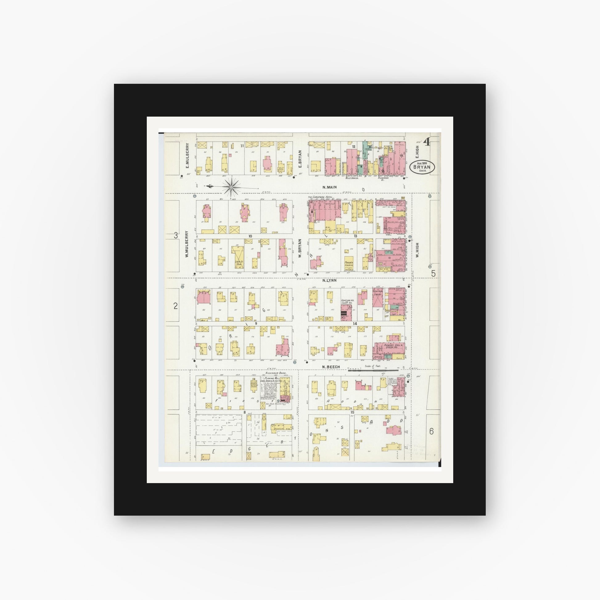 Old map wall art mockup — black gallery frame with white mat — Sanborn Fire Insurance Map from Bryan, Williams County, Ohio (1899), Sheet #0004