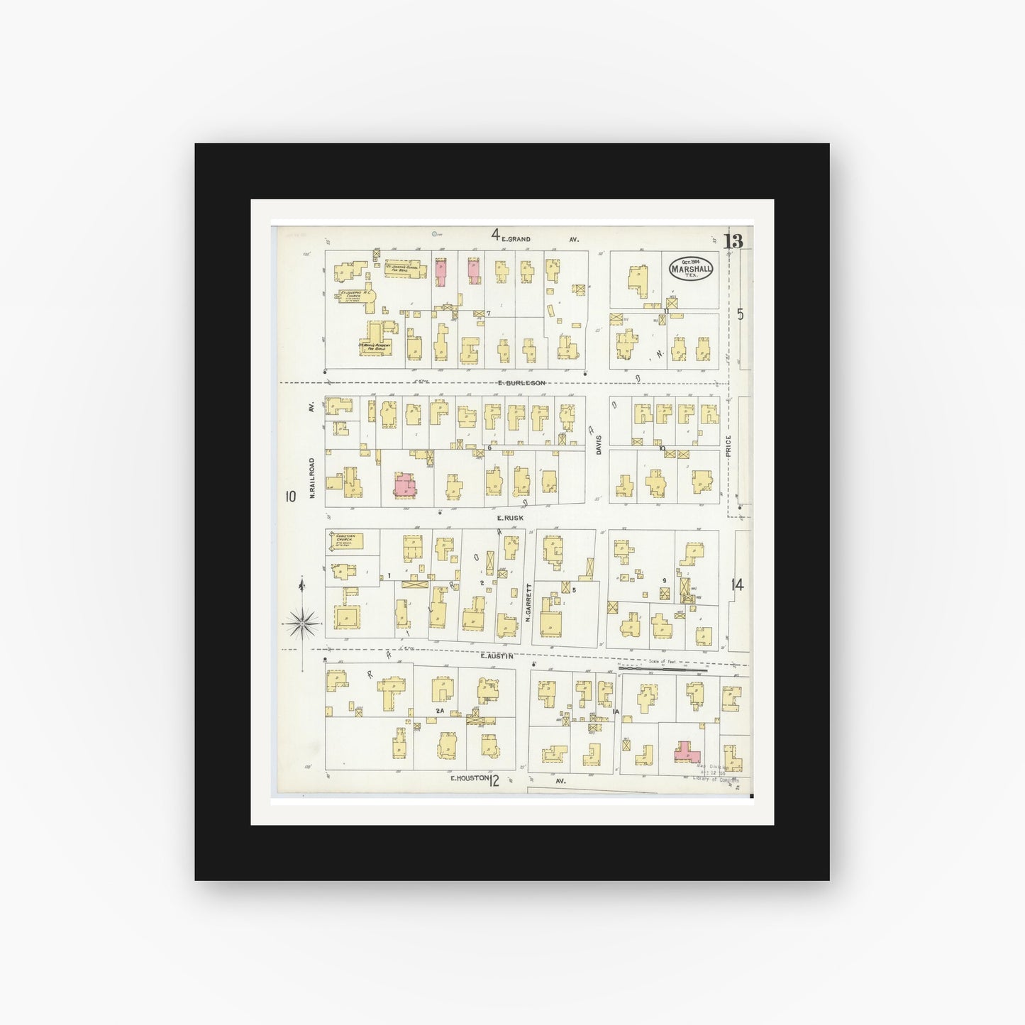 Old map wall art mockup — black gallery frame with white mat — Sanborn Fire Insurance Map from Marshall, Harrison County, Texas (1904), Sheet #0013