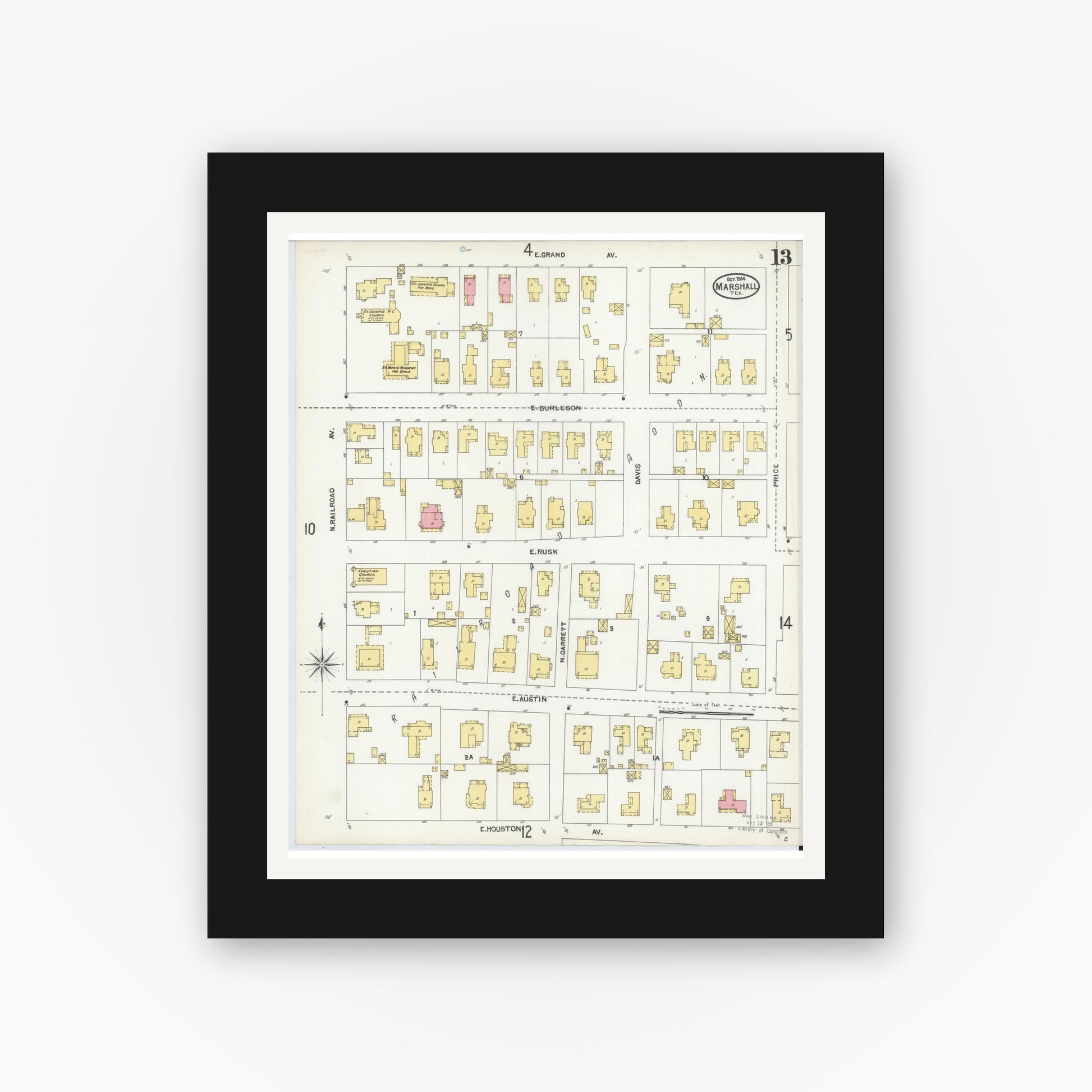 Old map wall art mockup — black gallery frame with white mat — Sanborn Fire Insurance Map from Marshall, Harrison County, Texas (1904), Sheet #0013