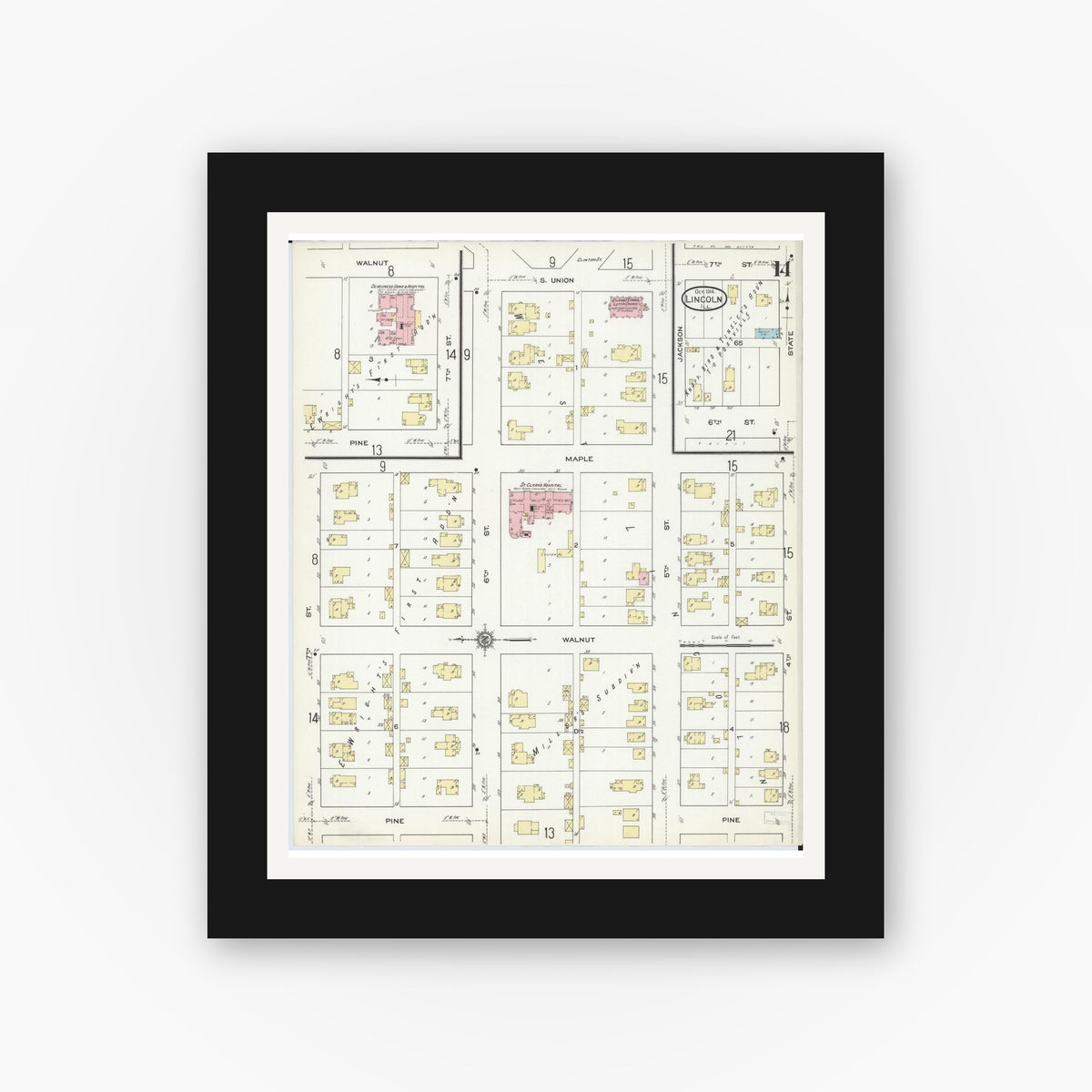 Old map wall art mockup — black gallery frame with white mat — Sanborn Fire Insurance Map from Lincoln, Logan County, Illinois (1914), Sheet #0014