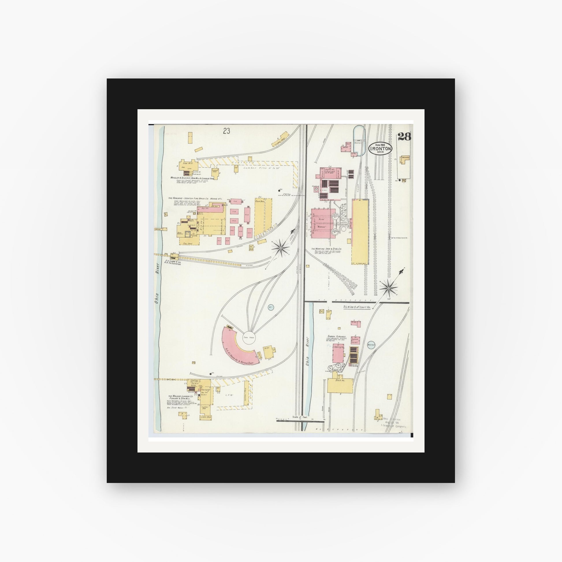 Old map wall art mockup — black gallery frame with white mat — Sanborn Fire Insurance Map from Ironton, Lawrence County, Ohio (1904), Sheet #0028