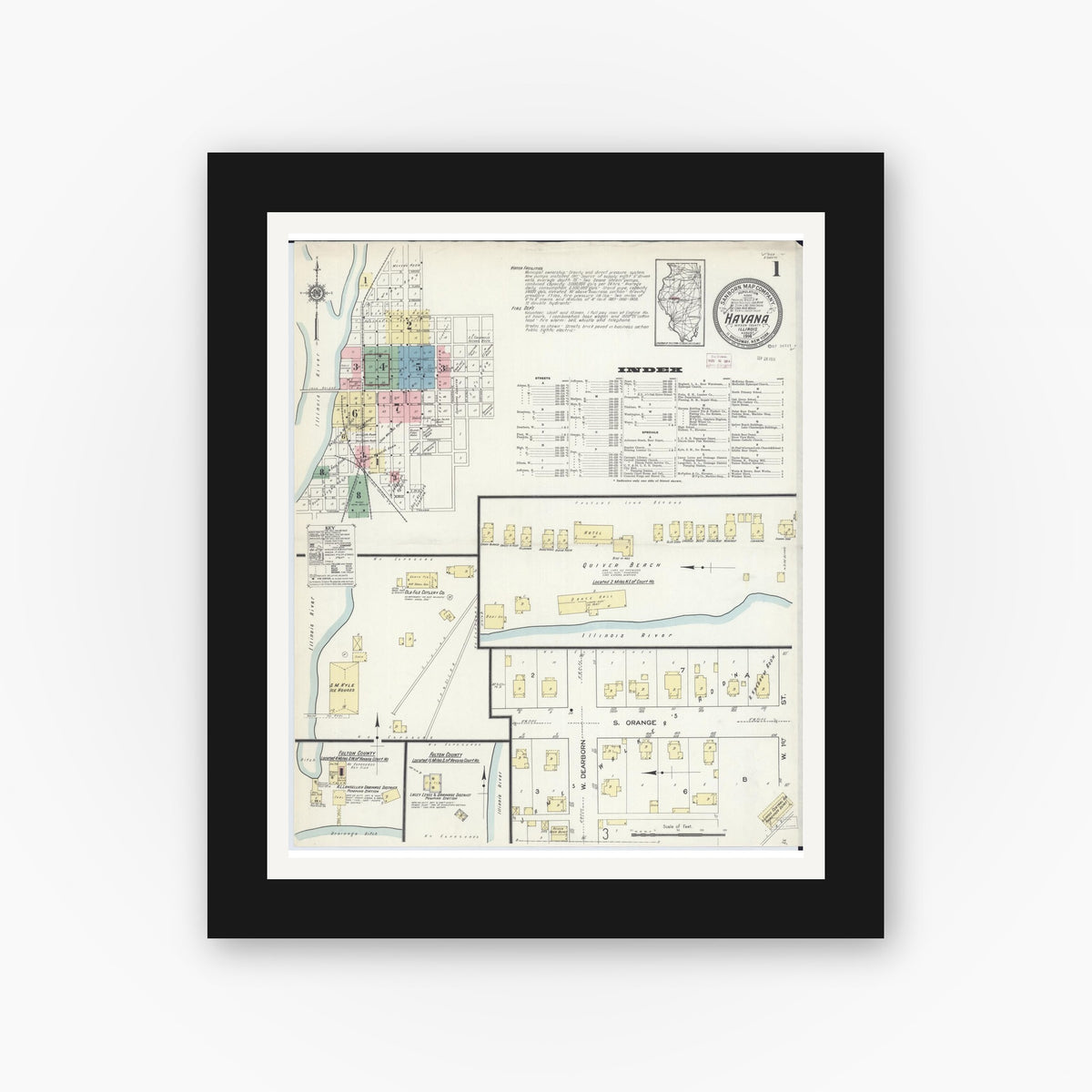 Old map wall art mockup — black gallery frame with white mat — Sanborn Fire Insurance Map from Havana, Mason County, Illinois (1914), Sheet #0001