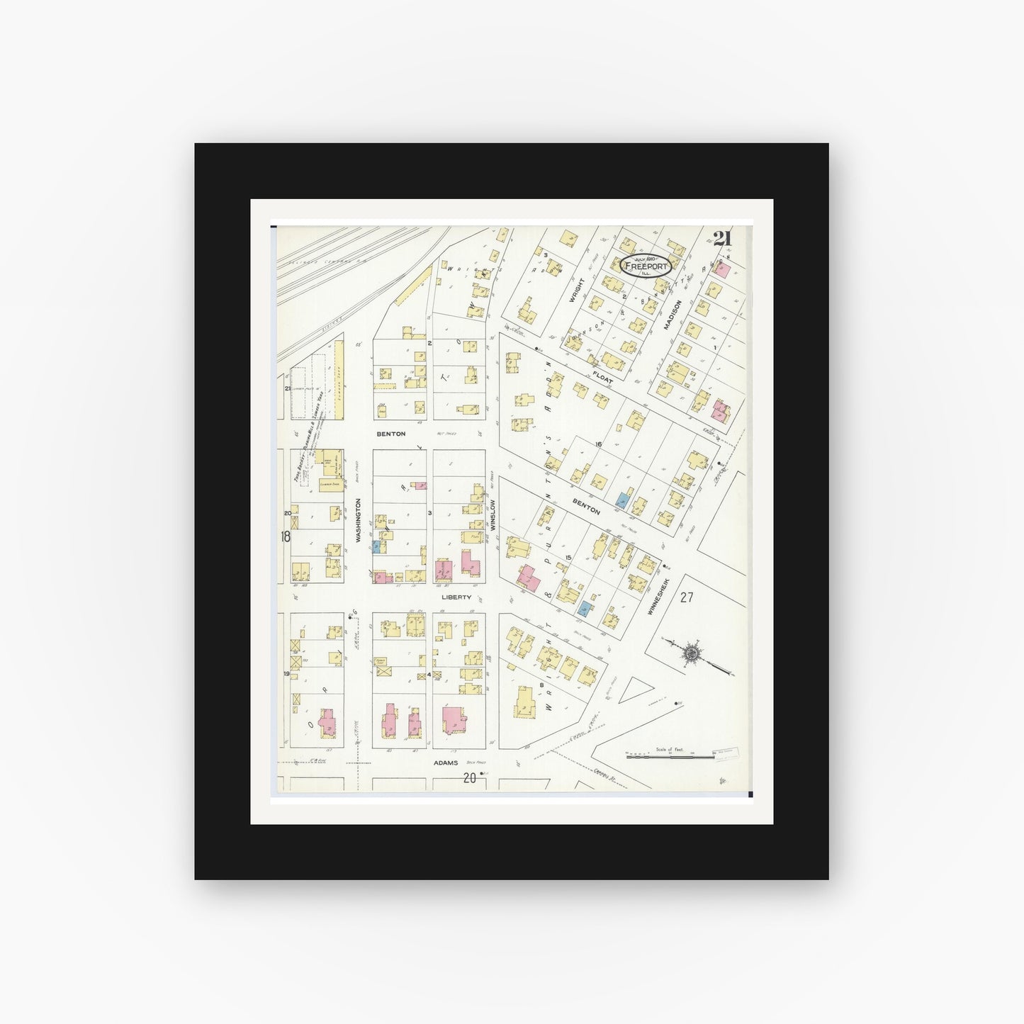 Old map wall art mockup — black gallery frame with white mat — Sanborn Fire Insurance Map from Freeport, Stephenson County, Illinois (1910), Sheet #0021