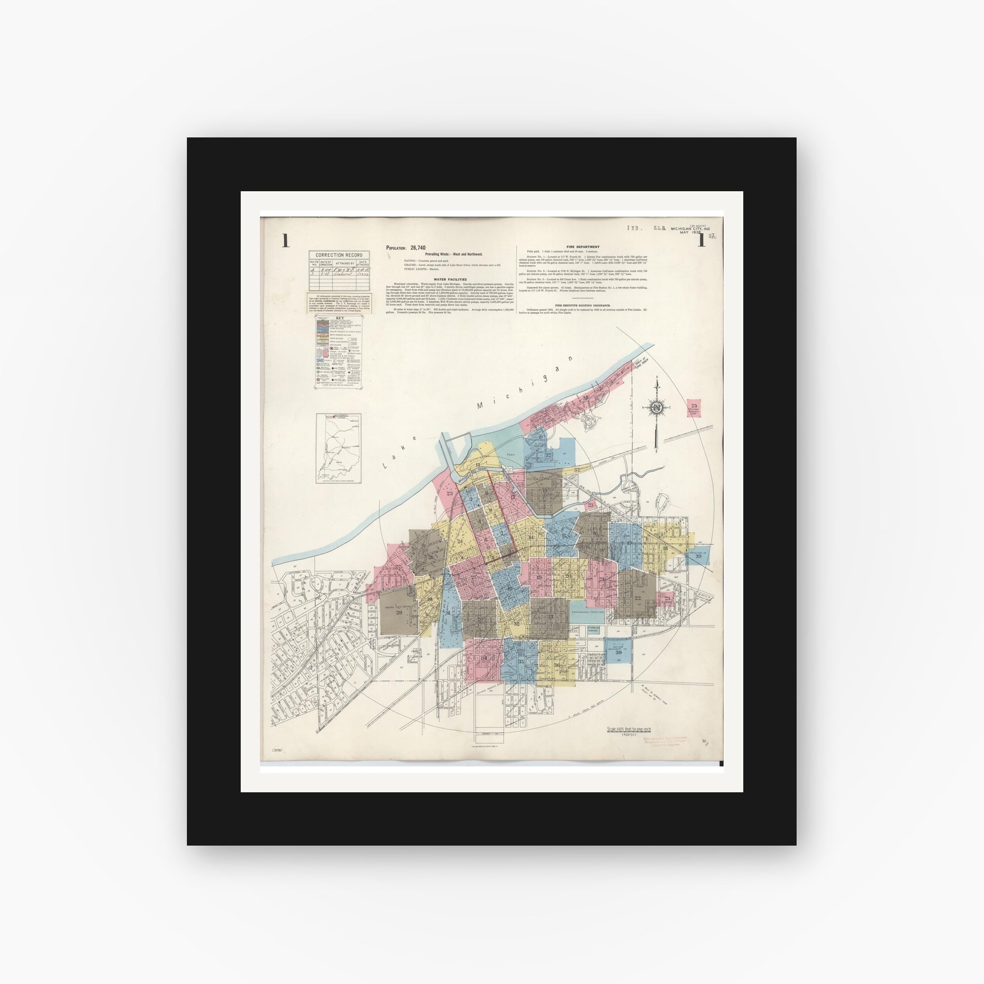 Old map wall art mockup — black gallery frame with white mat — Sanborn Fire Insurance Map from Michigan City, La Porte County, Indiana (1948) - Complete Map Set
