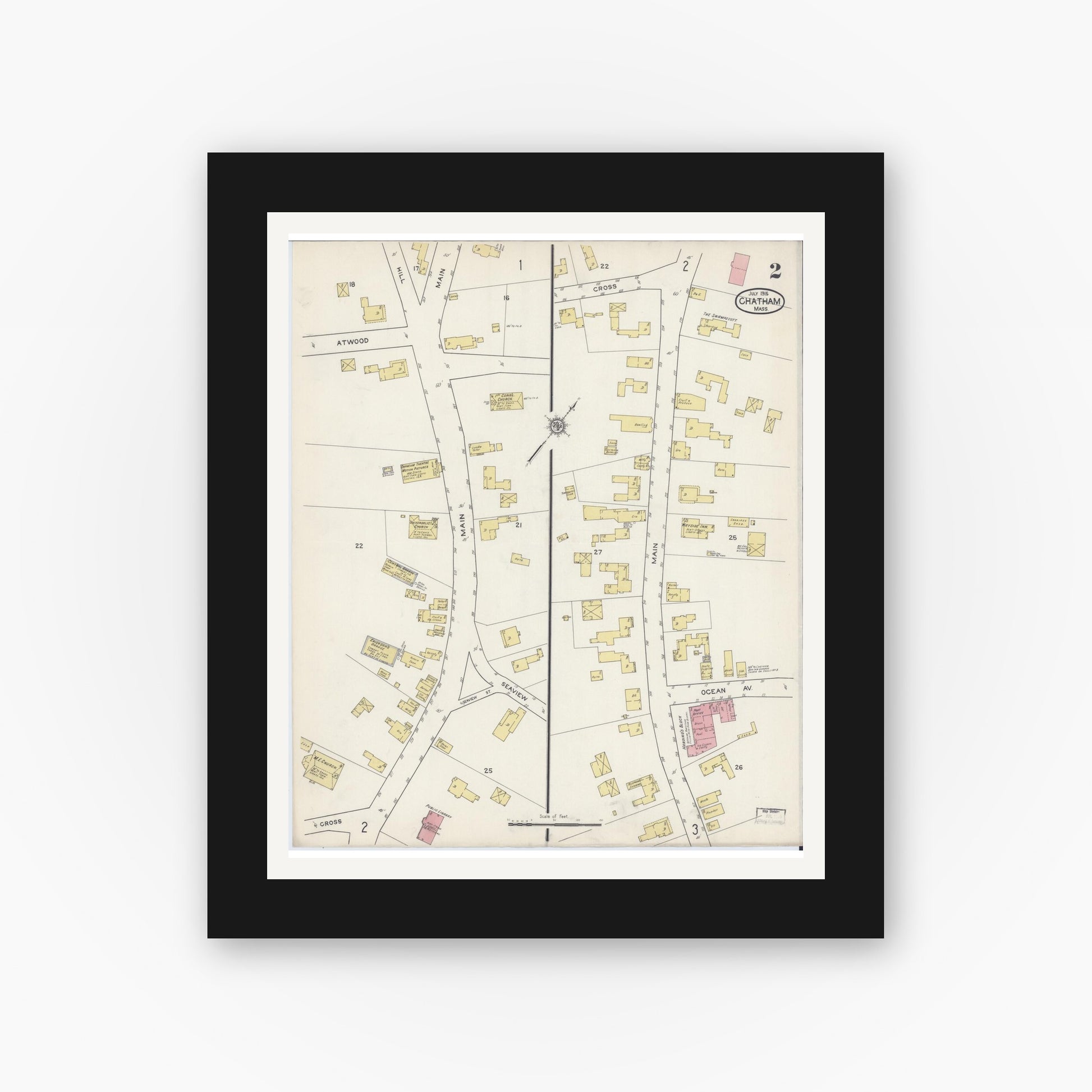 Old map wall art mockup — black gallery frame with white mat — Sanborn Fire Insurance Map from Chatham, Barnstable County, Massachusetts (1915), Sheet #0002