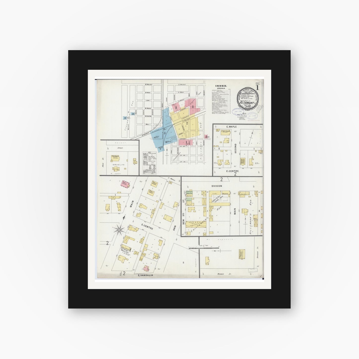 Old map wall art mockup — black gallery frame with white mat — Sanborn Fire Insurance Map from Altamont, Effingham County, Illinois (1898), Sheet #0001