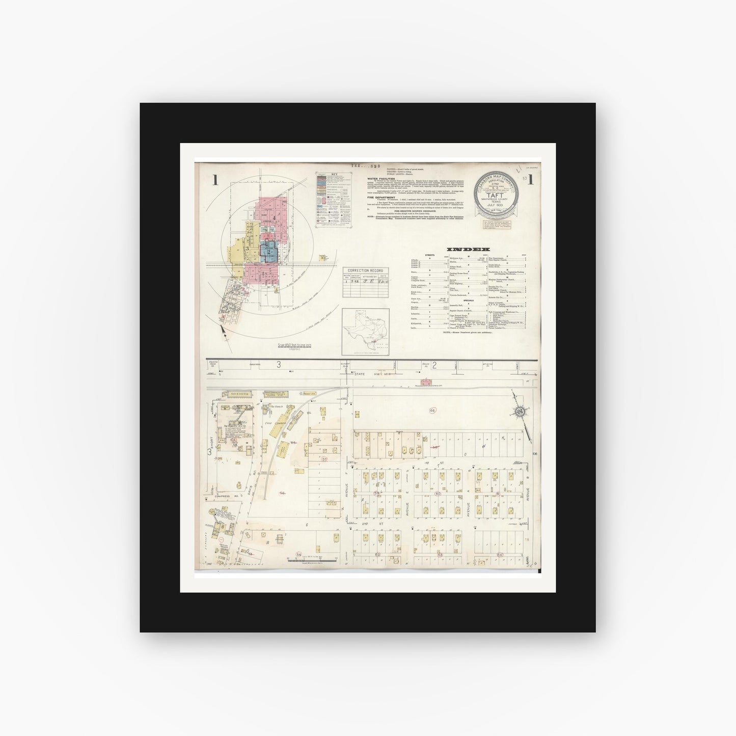 Old map wall art mockup — black gallery frame with white mat — Sanborn Fire Insurance Map from Taft, San Patricio County, Texas (1942) - Complete Map Set