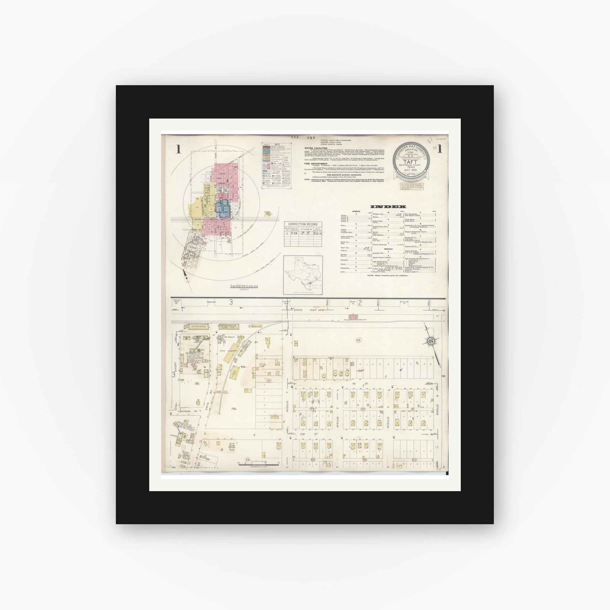 Old map wall art mockup — black gallery frame with white mat — Sanborn Fire Insurance Map from Taft, San Patricio County, Texas (1942) - Complete Map Set