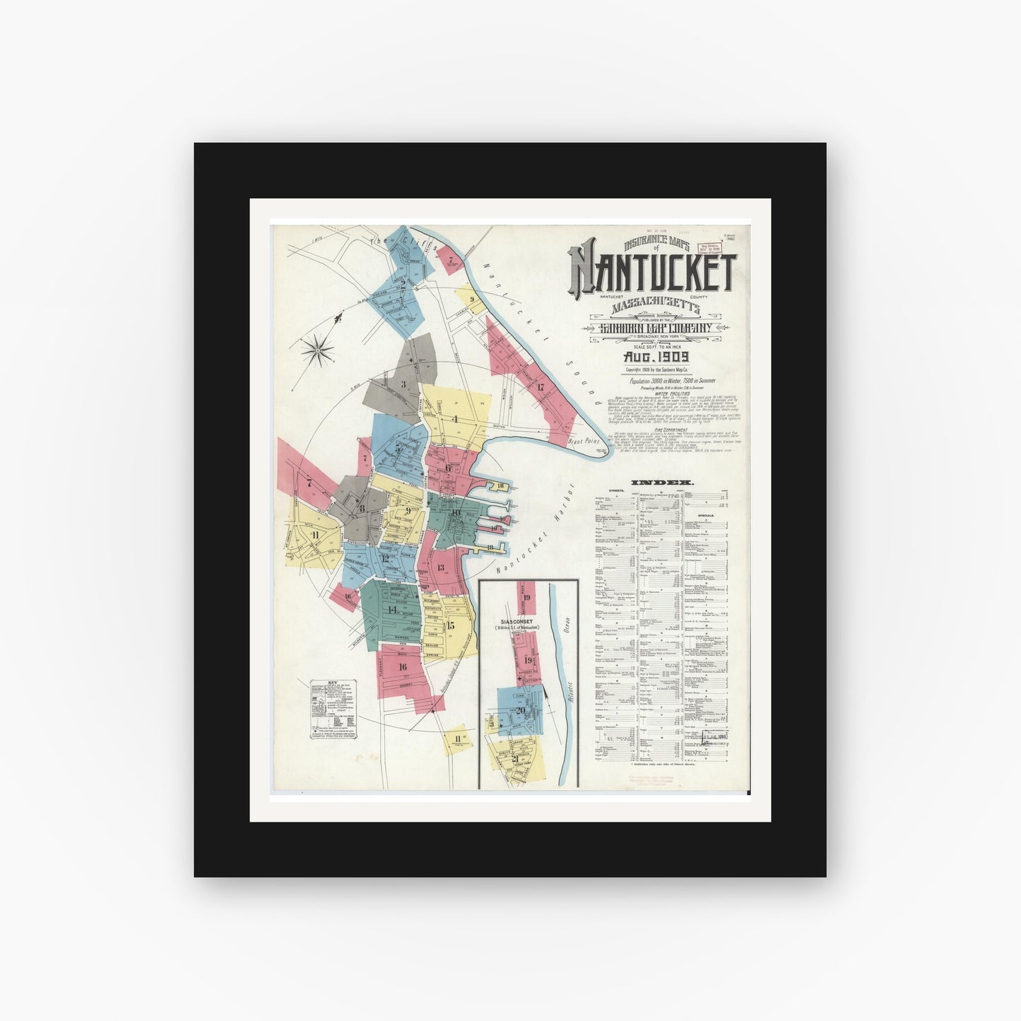 Old map wall art mockup — black gallery frame with white mat — Sanborn Fire Insurance Map from Nantucket, Nantucket County, Massachusetts (1909) - Complete Map Set