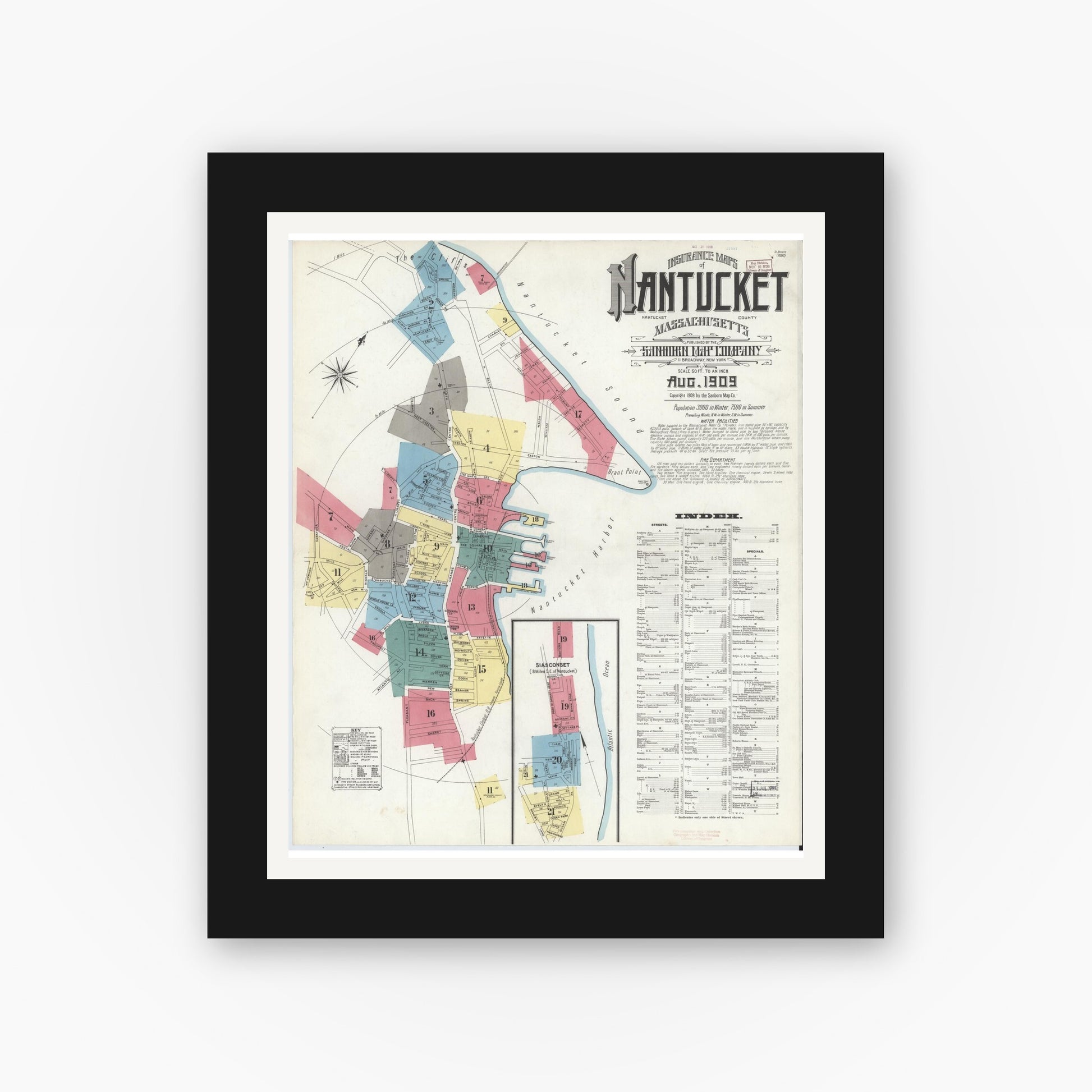 Old map wall art mockup — black gallery frame with white mat — Sanborn Fire Insurance Map from Nantucket, Nantucket County, Massachusetts (1909) - Complete Map Set