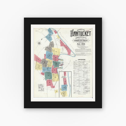 Old map wall art mockup — black gallery frame with white mat — Sanborn Fire Insurance Map from Nantucket, Nantucket County, Massachusetts (1909) - Complete Map Set