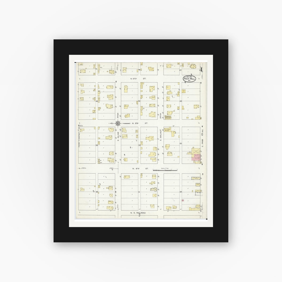 Old map wall art mockup — black gallery frame with white mat — Sanborn Fire Insurance Map from Rich Hill, Bates County, Missouri (1914), Sheet #0004