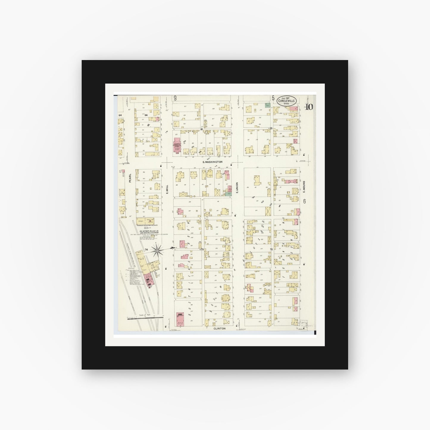 Old map wall art mockup — black gallery frame with white mat — Sanborn Fire Insurance Map from Circleville, Pickaway County, Ohio (1907), Sheet #0010